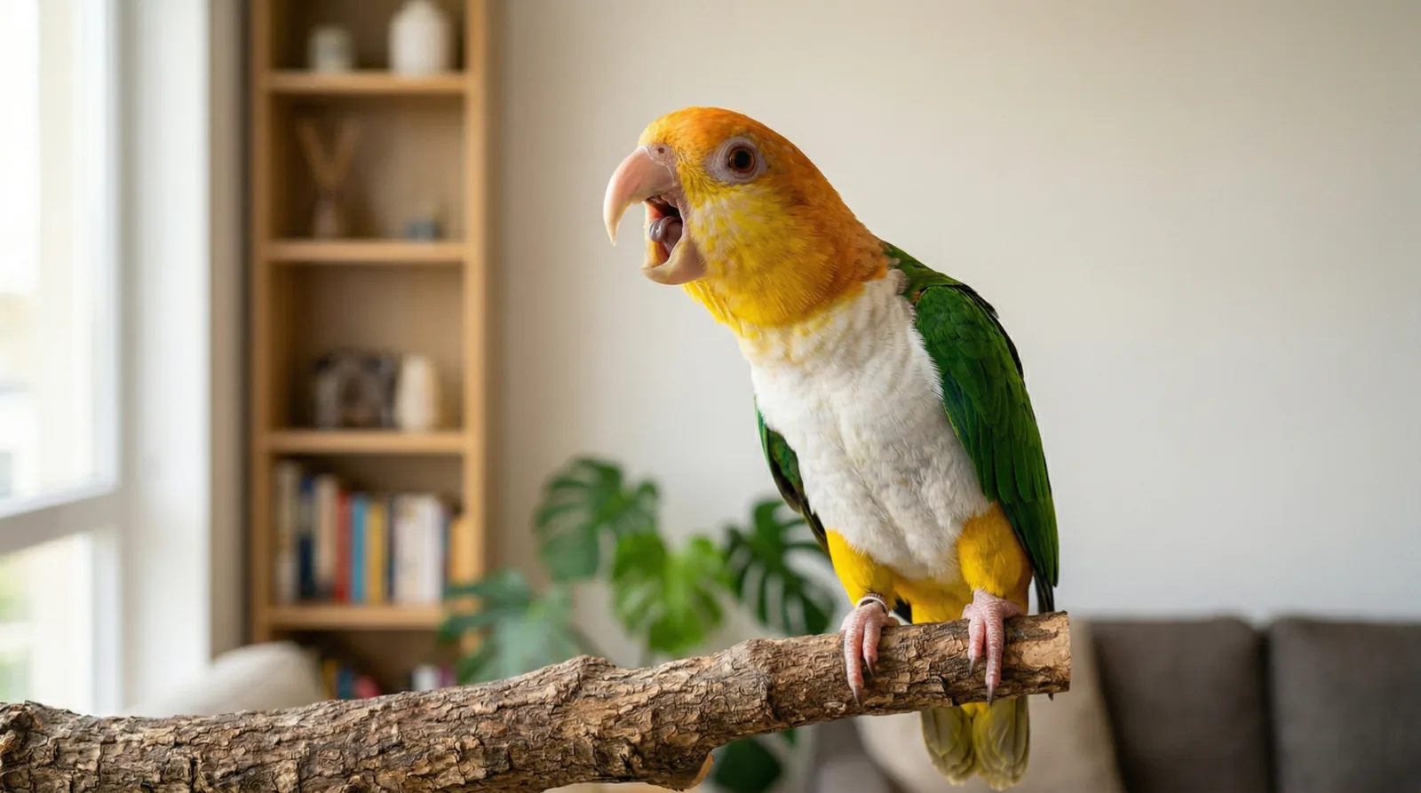 Parrot calling loudly while perched on a branch indoors