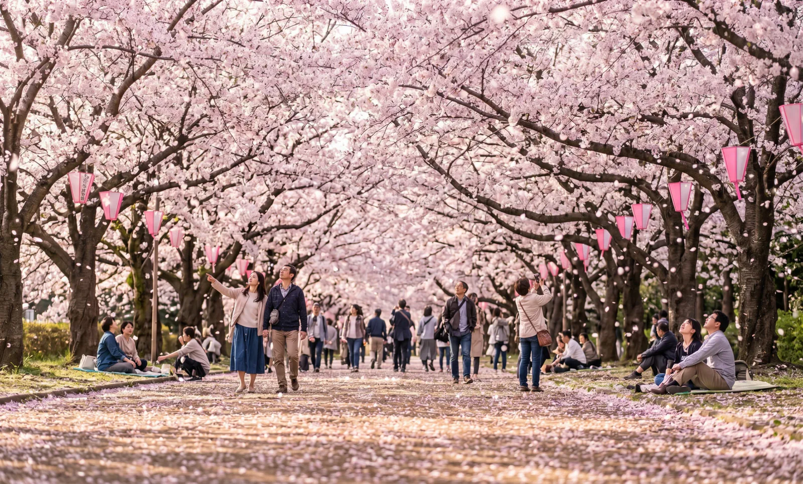 People enjoying hanami under cherry blossoms in a Japanese park