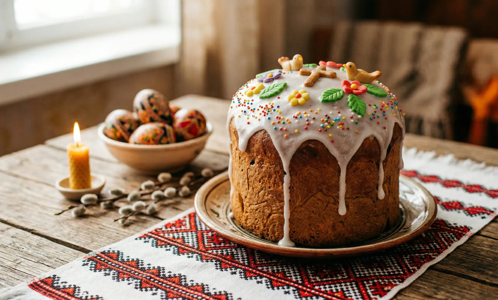 Osterbrot, Eier und Kerze auf dem Tisch